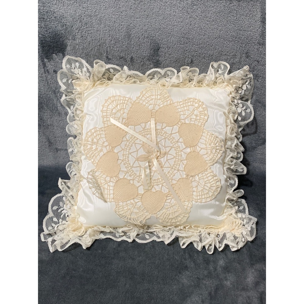 Vintage Ring Bearer Pillow Cream Lace Crochet 10x10 Hearts Wedding Ribbon